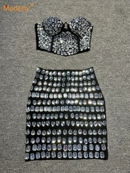 Modphy 2025 New Ladies Sparkling Luxury Crystal Backless Strapless Crop Top Diamond High Waisted Skirt Empire Shorts Women Set