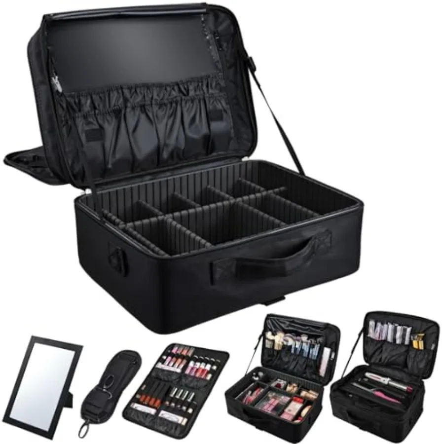 Large 3-Layer 17 Makeup Bag with Mirror Cosmetic Organizer Travel Case Backpack Storage Box for Artists with Brush Slot Shoulde