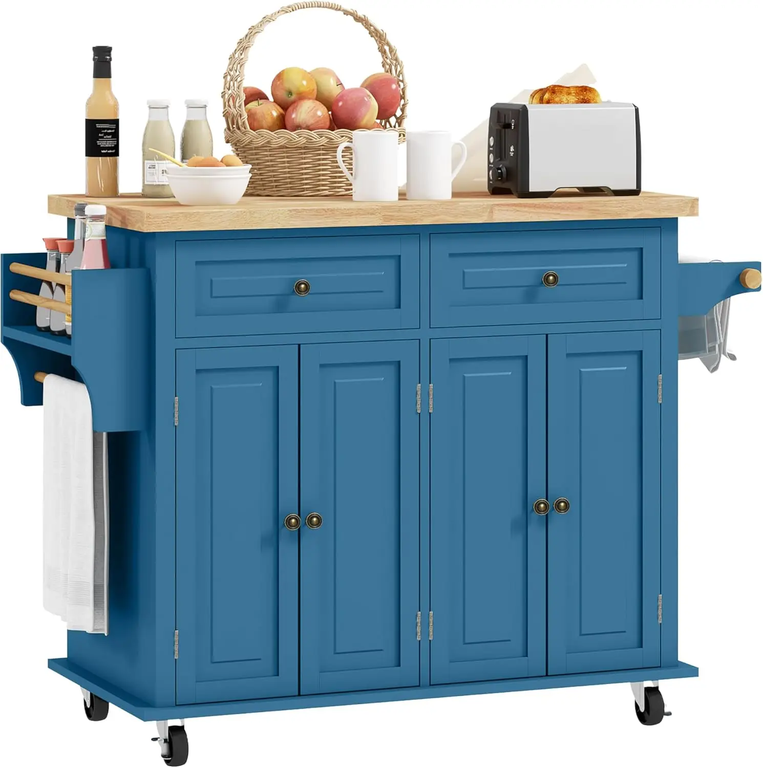 Kitchen Island on Wheels, Rolling Cart with Rubberwood Top, Spice Rack, Towel Rack and Drawers for Dining Room, Turquoise