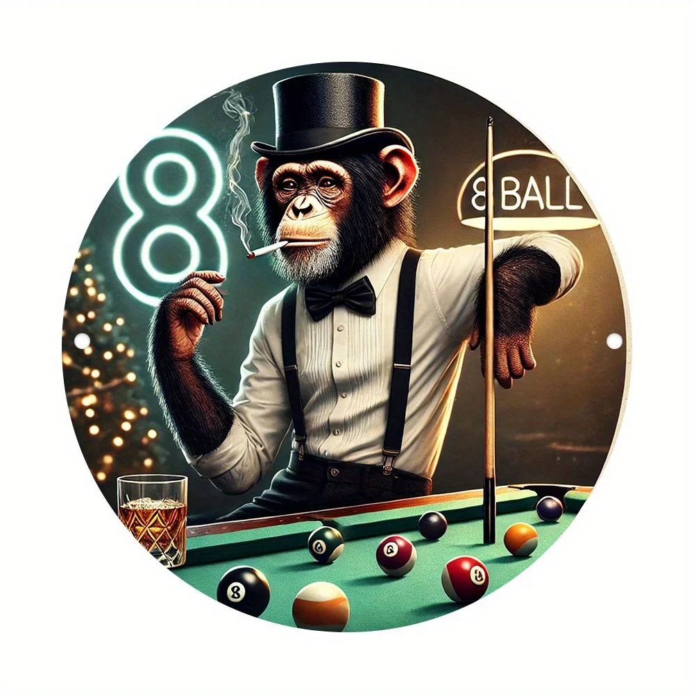 Vintage Billiards Monkey Round Aluminum Metal Sign 8inch Retro Wall Decor Plaque for Home Bar