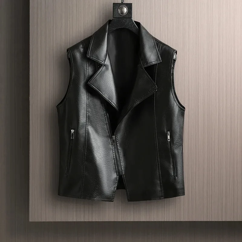 2026 Spring New Fashion Trend Motorcycle Leather Vest Jacket Women's Suit Collar Sleeveless Coat Lady Short Zipper Jackets