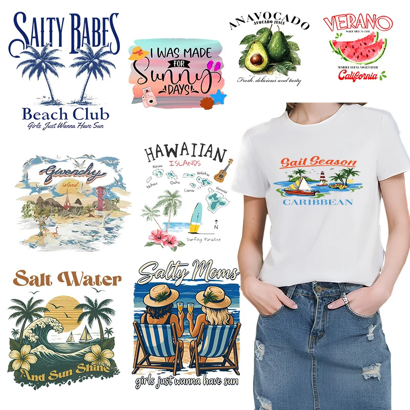 

Summer Island Surfing Beach Scenery Heat Transfer Printing Iron On Fruit DIY T-shirt Clothing Vinyl Heat Transfer Printing