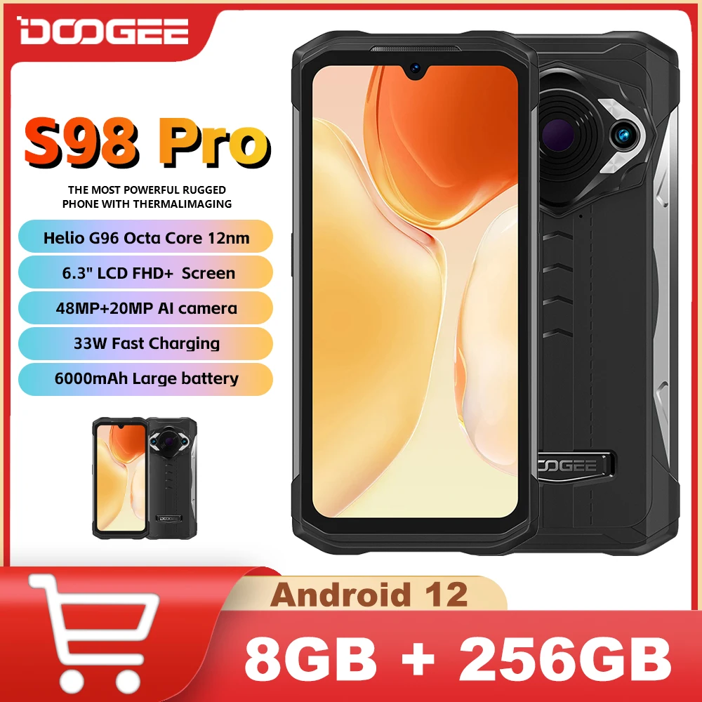 DOOGEE S98 Pro wytrzymały telefon 8 GB + 256 GB 6,3 "FHD + wyświetlacz 6000 mAh bateria 33 W szybkie ładowanie Helio G96 48MP smartfon Android