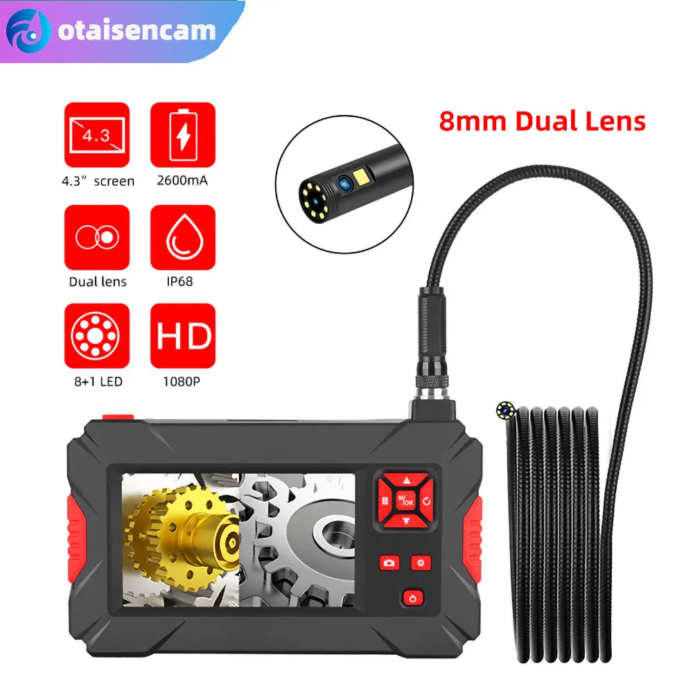 

8mm Dual Lens Pipeline Inspection Camera 4.3 Inch IPS Screen Visual Detector Peeping Mirror Pipe Borescope IP68 Wateproof