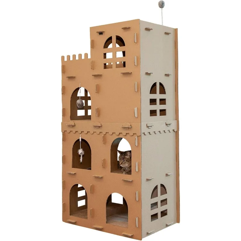 

Multi-Level Cardboard Cat Condo W/ Catnip for Indoor Cats, Ft. Scratching Pads & Toys - High Castle Tower Corrugated Cat