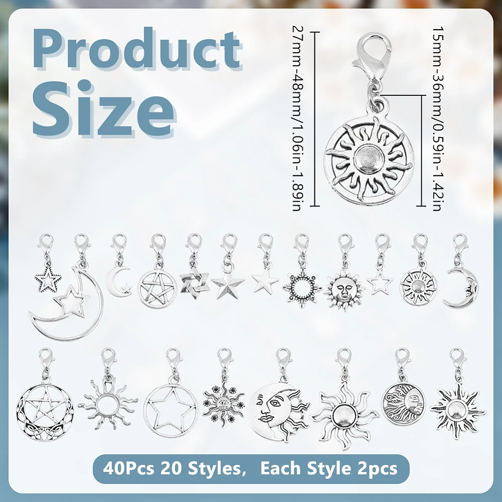 40 Pcs 20 Styles Star Zipper Pull Charm Moon Sun Alloy Zipper Pendant Star Clip on Charm Decoration for Luggage Backpacks