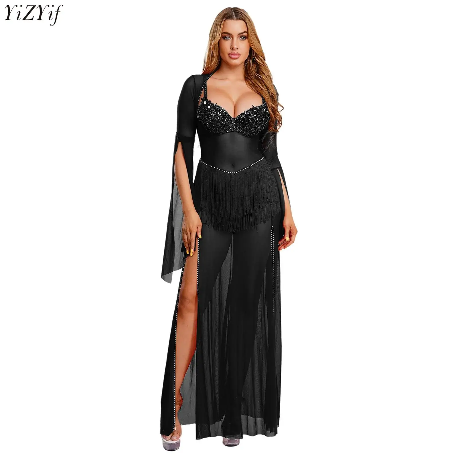 

Women's Egyptian Belly Dance Dress Bell Sleeve Tassel Waist Rhinestone Trim Mesh Slit Hem Maxi Dress Nightclub Belly Dancewear