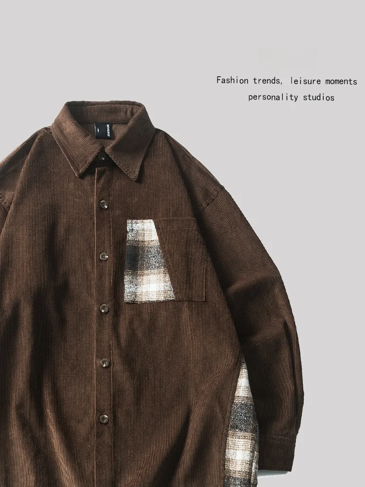 

Мужская рубашка ANXIE с длинным рукавом, модный дизайн с элементами пэчворка, осенняя повседневная модель в стиле High Street, на пуговицах