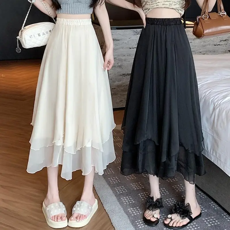 Irregular Net Yarn Half Length Skirt Summer New Thin High Waist Solid Color Loose A-line Skirt Sweet Fashion Women Clothing