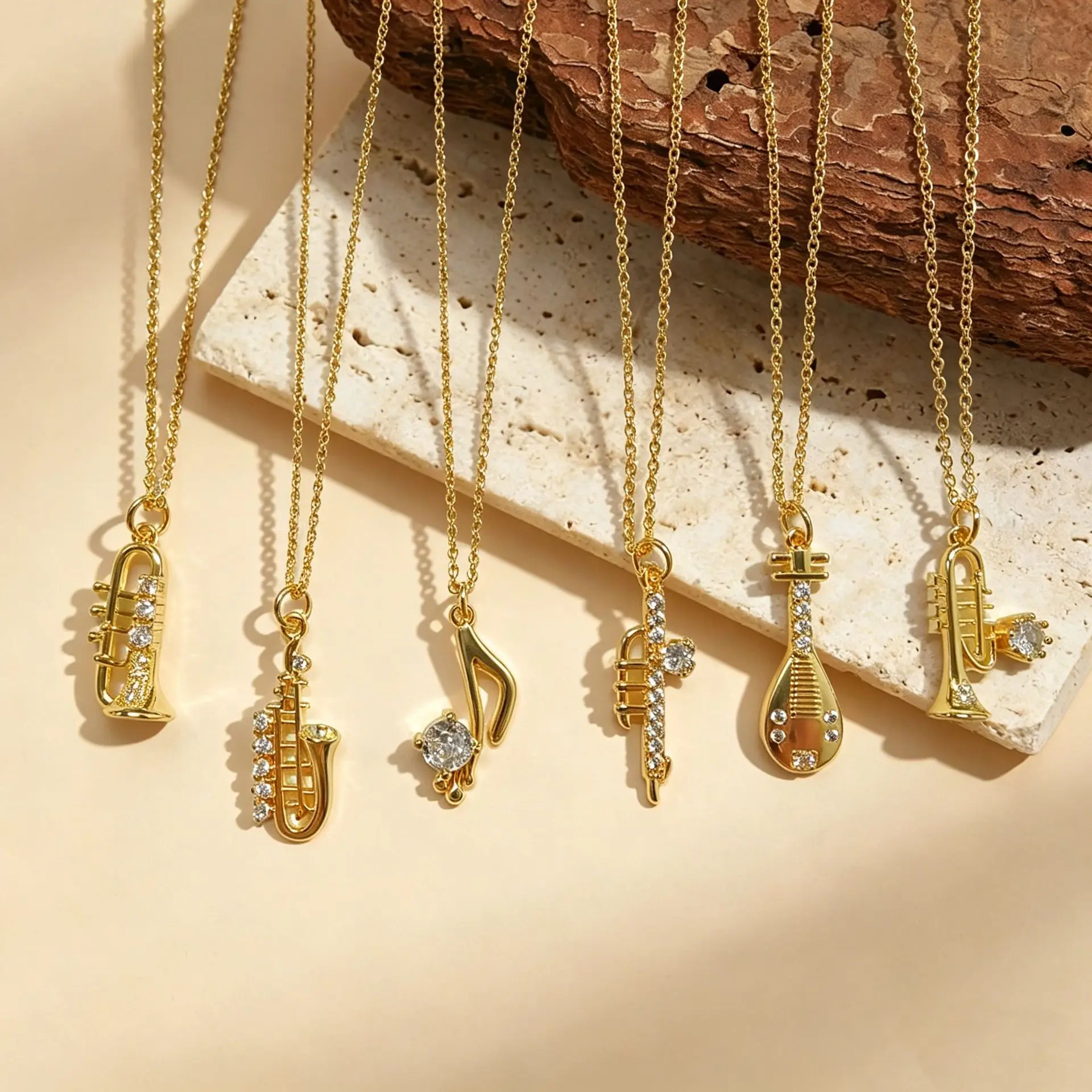 Musical Instrument Series Zircon Hollow Design Small Pendant Necklace Clavicle Chain Female, Light Luxury Temperament Clavicle C