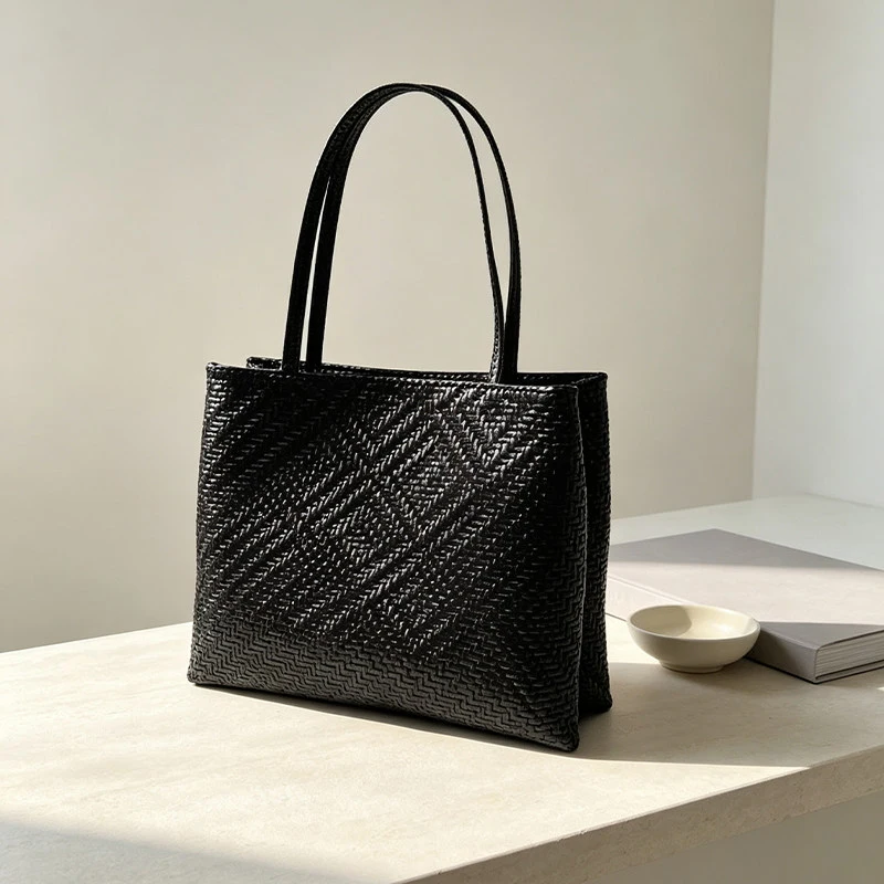 Mendy Genuine Leather Woven Pirnt Grain Tote Bag Open Top Large Capacity Shopping Commute Work Office Luxury Designer Origina view 2