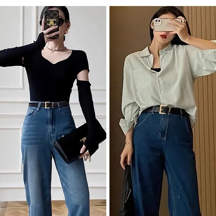 حزام جلد أسود عصري وبسيط للنساء رائج البيع للموسم الجديد حزام مزخرف من قماش الدنيم متعدد الاستخدامات للسيدات عالي Q #2