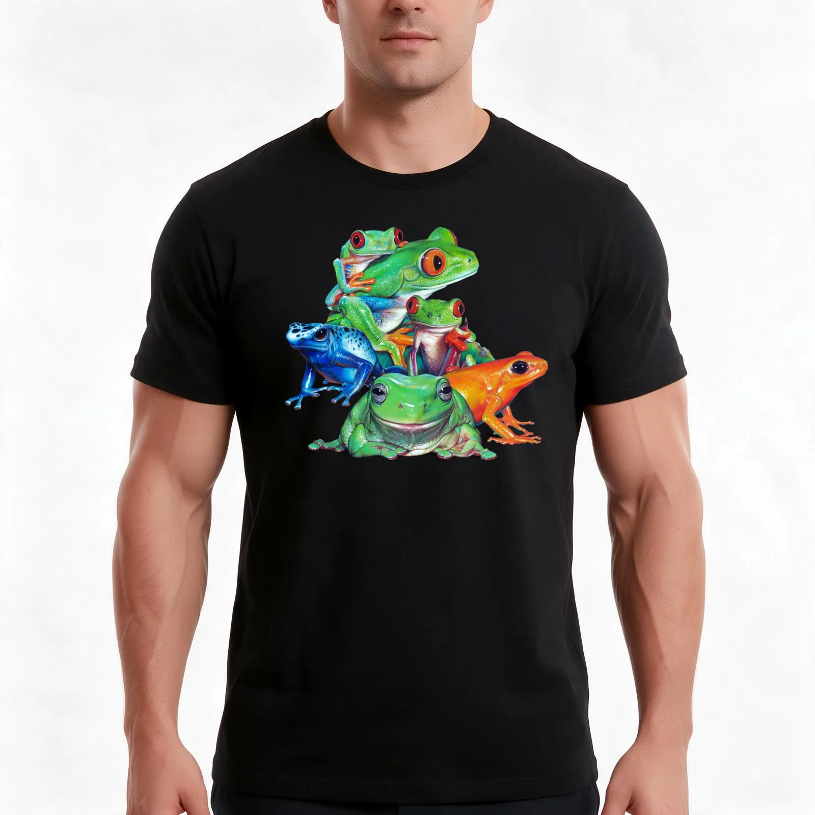 Tropical Frog Collage T-Shirt, Summer Casual Cotton Tee, Oversized Streetwear Tops, Vintage Graphic Print, Unisex Men Women