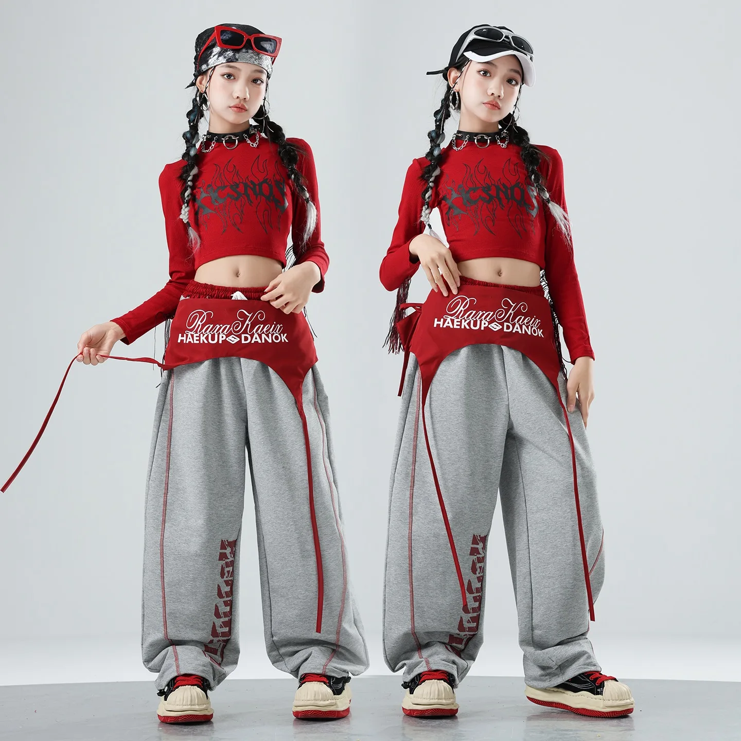 New Girls Jazz Dance Practice Clothes Red Tops Gray Sweatpants Long Sleeves Hip Hop Outfits Street Dance Clothing Kpop BL17138