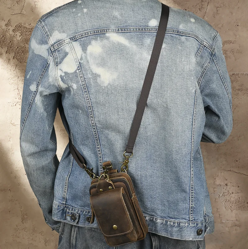 

Мужской рюкзак на молнии из натуральной кожи, ремень на талии, подвесной мобильный телефон за пределами двери, рюкзак на одно плечо, диагональный пропуск