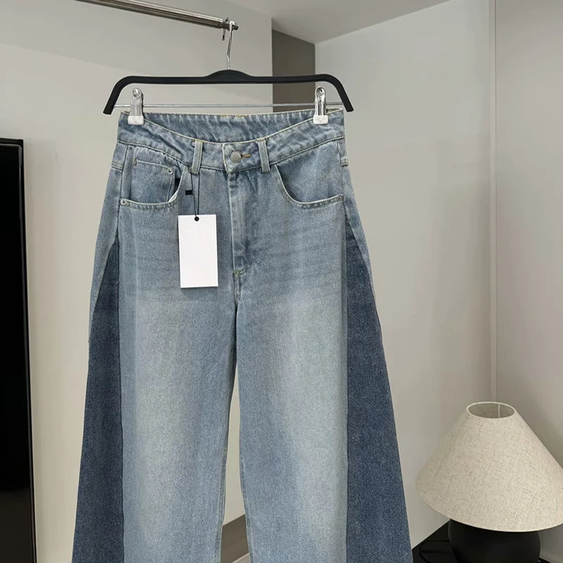 Women's High Waist Wide Leg Jeans Summer Contrast Panel Denim Pants Streetwear Fashion Casual Two Tone Straight-Leg Pants