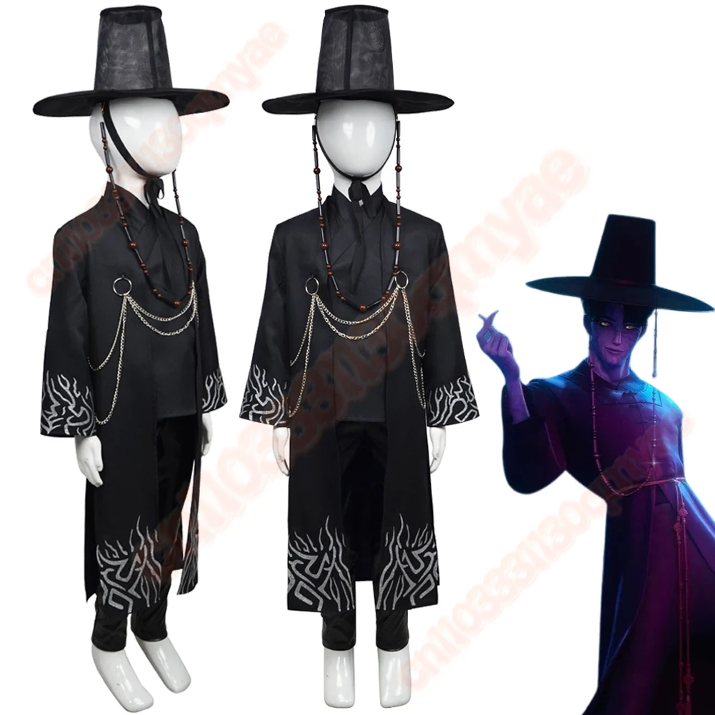 Kids Jinu KPop 악마 헌터 의상 세트 Saja Boys Roleplay 검은 의상 모자 헤드 기어 할로윈 카니발 파티에 적합