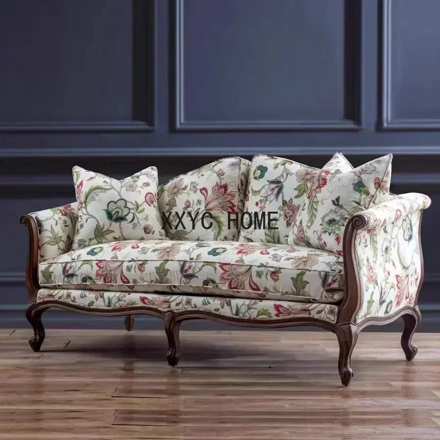 American rural solid wood fabric sofa double triple