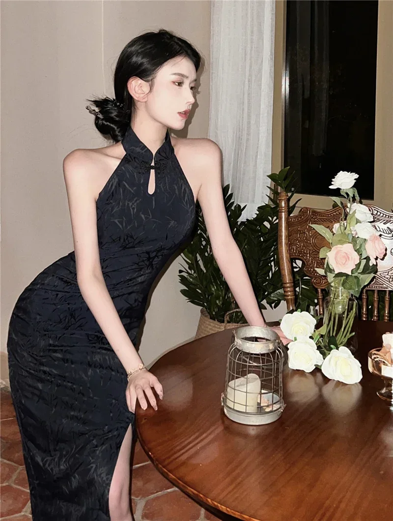 Summer Fashion Retro Sexy Open Fork Slim Temperament Senior Sense of Cheongsam Improved Dress Sexy Package Hip Dress Female