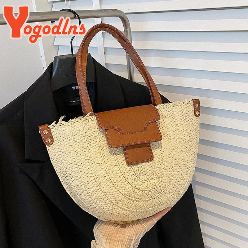 Retro Semi-circular Straw Bag Women Bag Handmade Woven Beach Bag Shoulder Bag Portable Handbag and Purse Ladies Tote