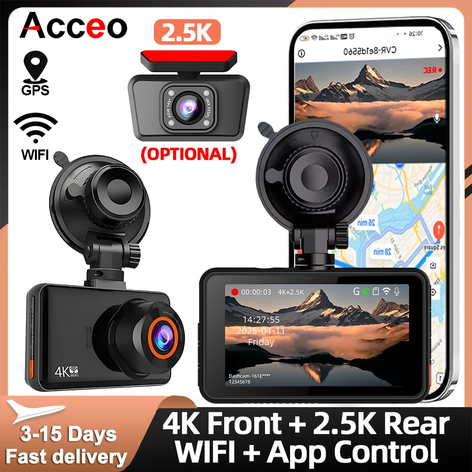 

ACCEO 4K Двухканальная видеорегистратор с дисплеем скорости Передняя 4K Встроенный Wi-Fi GPS Супер ночное видение Дополнительный задний объектив 24/7 Парковка