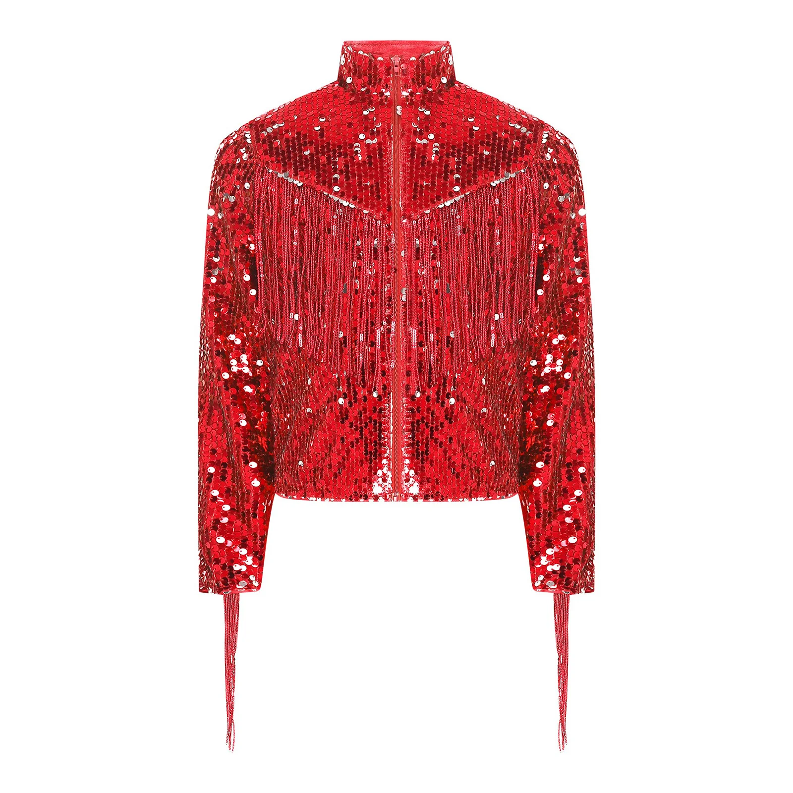 Kids Jongens Cowboy Jas Pailletten Kwastje Lange Mouw Mock Hals Rits Fringe Jas Bovenkleding Hip Hop Jazz Street Dance Wear