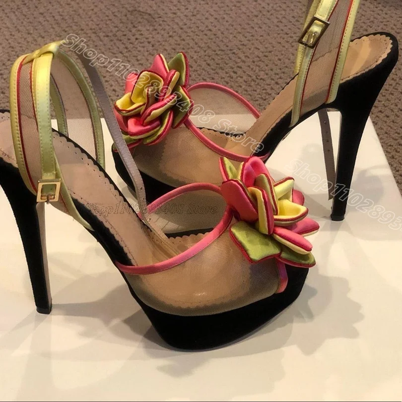 

Mixed Air Mesh Lace Sandals Flower Decor Platform Stiletto Pointed Toe Summer New Stylish Women Shoes 2025 Zapatos Para Mujere