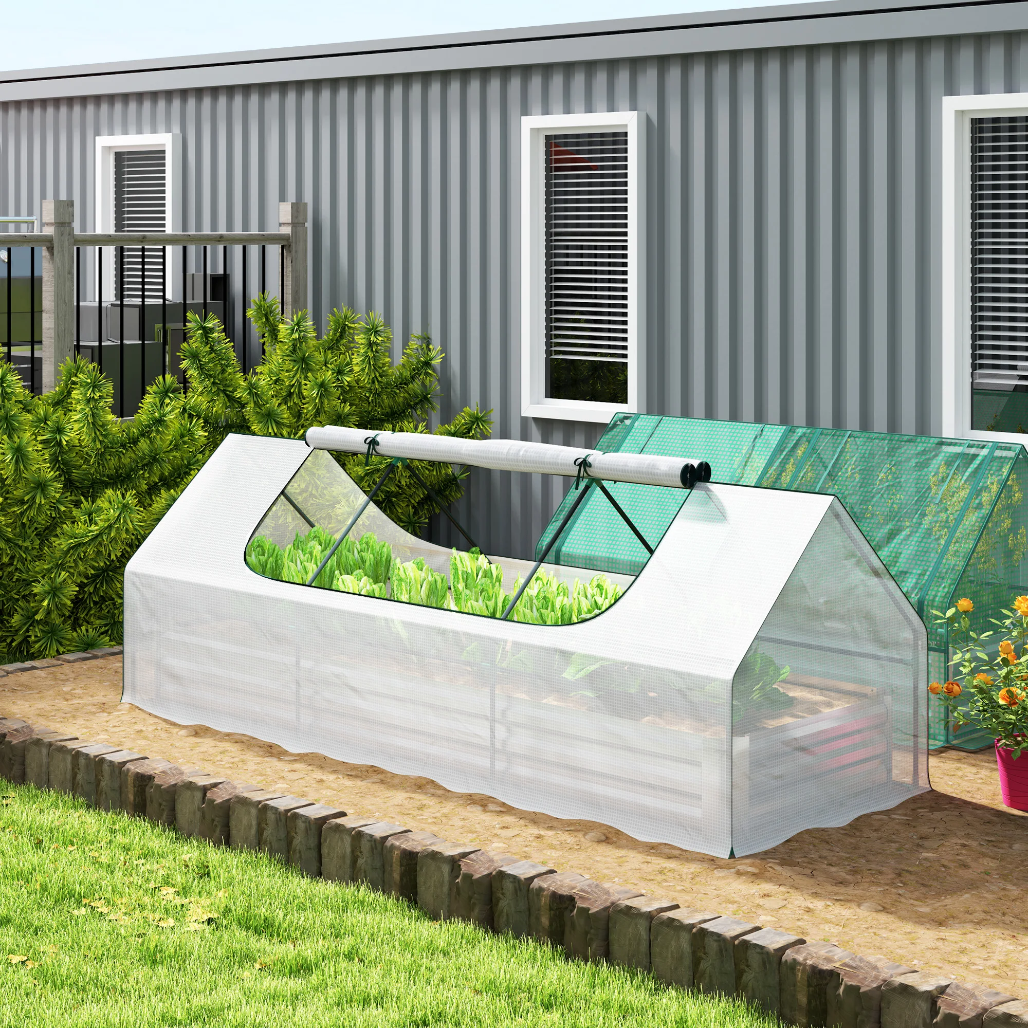 8.6 x 3 x 1ft Raised Garden Bed with Mini Greenhouse, Galvanized Raised Garden Bed with Cover for Herbs and Vegetables