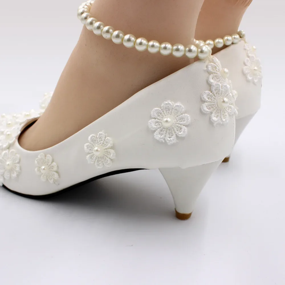 Spring and Autumn Fashion New Sexy Pumps Wedding PU 3 5 8CM Thin Heels Fashion String Bead Flower Shallow Women Shoes White