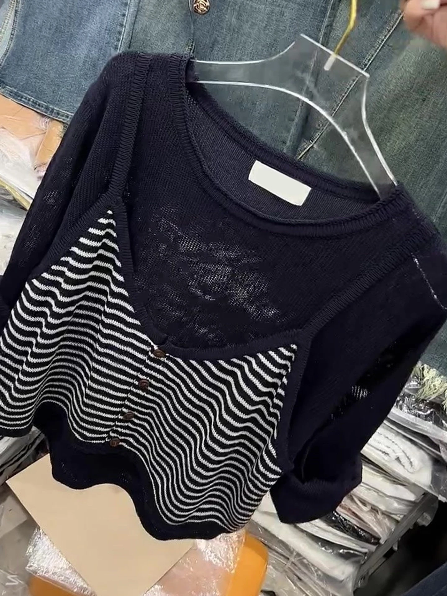 Faionable اللون بلو محبوك تصميم عصري الكورية Sle طويل Sve طاقم Ne وهمية قطعتين قاعدة irt الخريف 2025 #2