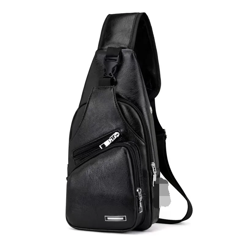 Bolso de pecho a la moda para hombre, bolso cruzado de cuero PU con carga USB para ocio, bolso de pecho antirrobo con una sola correa y orificio para auriculares