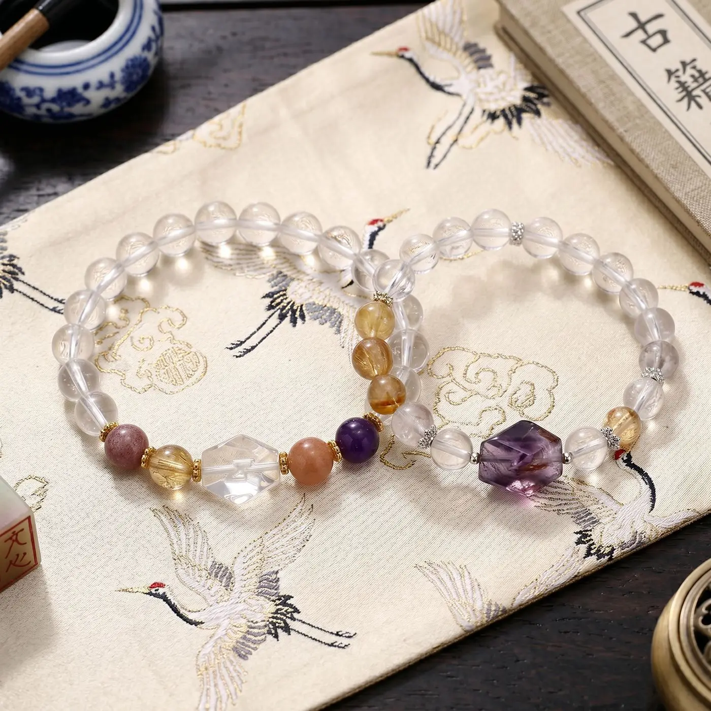 Natural White Amethyst Strawberry Quartz Yellow Tower Lemon Crystal New Chinese Style Beaded Bracelet Gifts