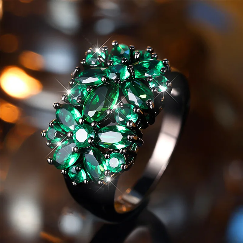 Luxury Female Green Zircon Stone Engagement Ring Trendy Black Gold Color Bride Wedding Jewelry Gift For Women