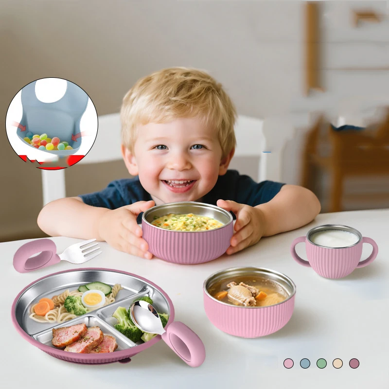 

1PCS Stainless Steel Plate Detachable Suction Dishes Baby Feeding Sucker Bowl Food Grade Silicone Food Tray Tableware