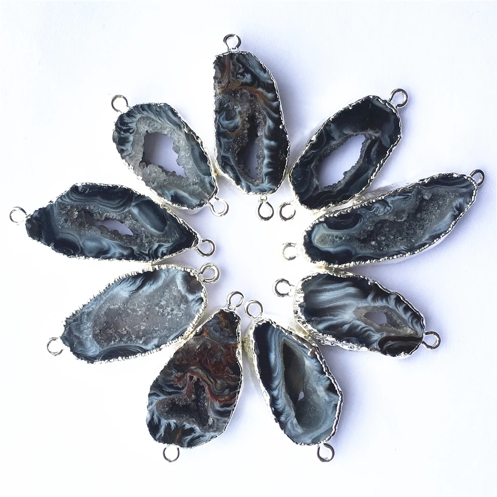 

Natural Black Brazilian Agates Slice Pendants Connectors Irregular Raw Druzy Silvers Stones Pendants For DIY Jewelry Making 5PCS