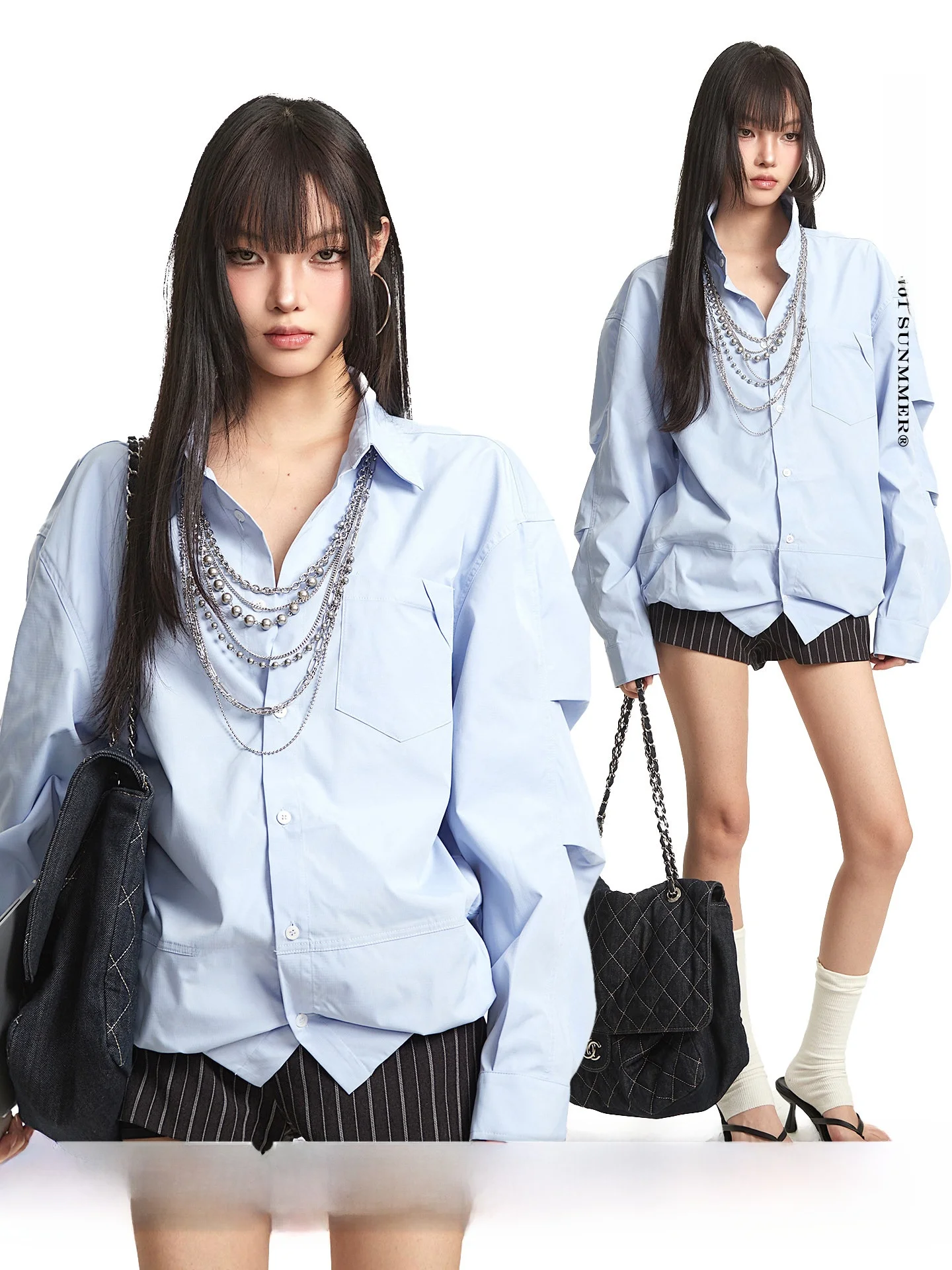 

Loose Fit Long Sve Blue irt Women's Early Autumn Casual High-End Feeling Turn-down Collar Breathable Comfortable Top