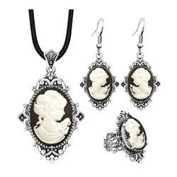 Vintage Look Lady Queen Cameo Jewelry Sets For Women Antique Silver Plated Flower Cross Pendant Cameo Necklace Earring Ring Set