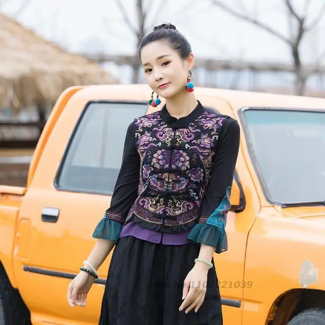 2024 traditional flower embroidery hanfu tops ethnic vest chinese traditional sleeveless jacket vintage cotton linen gilet