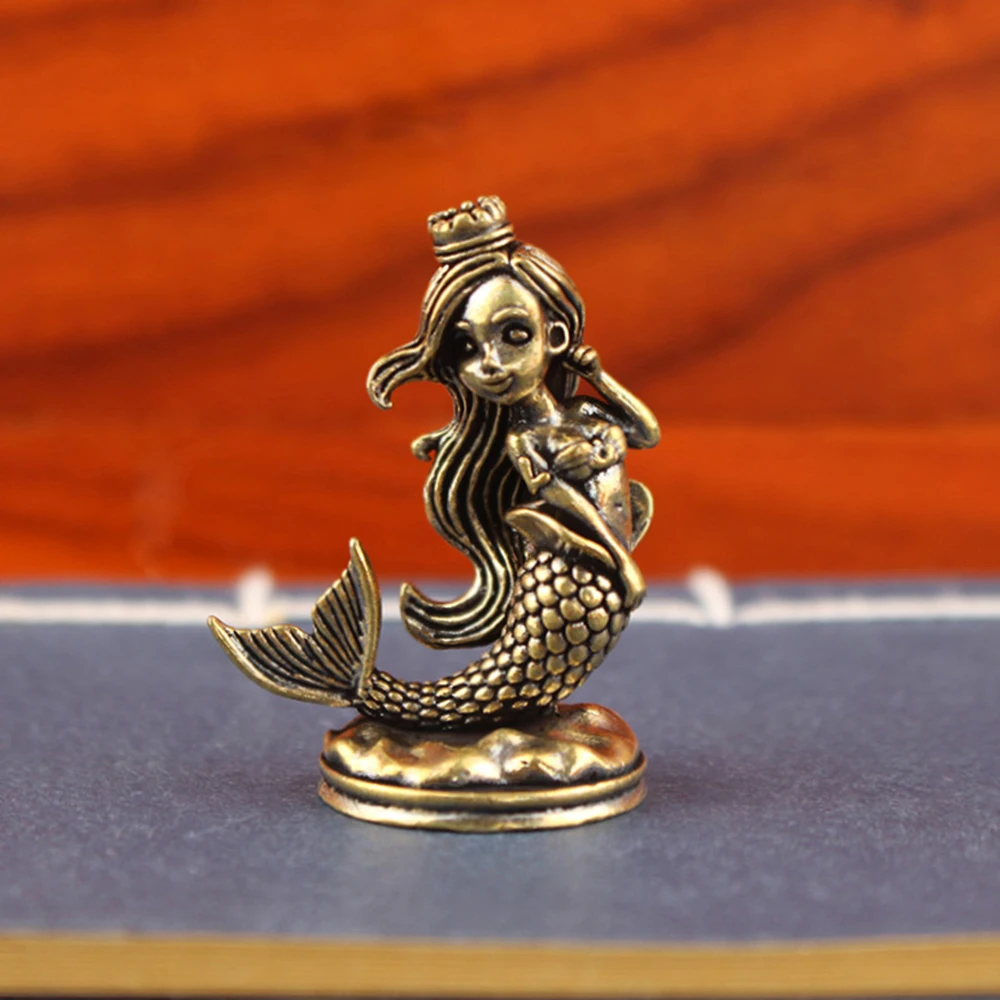 تمثال حورية البحر النحاسي الساحر ​   - تمثال مخلوق البحر لديكور بيت الدمى المصغر، مجموعة عرض سطح المكتب المحيطي