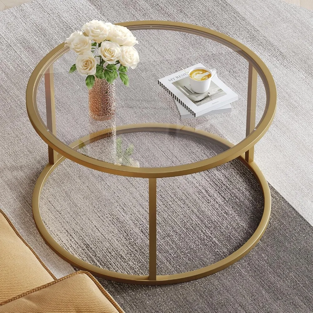 Runder Couchtisch aus Glas mit goldenem Rahmen für kleine Räume, moderner, minimalistischer Mitteltisch für Wohnzimmer oder Büro, einfache Montage