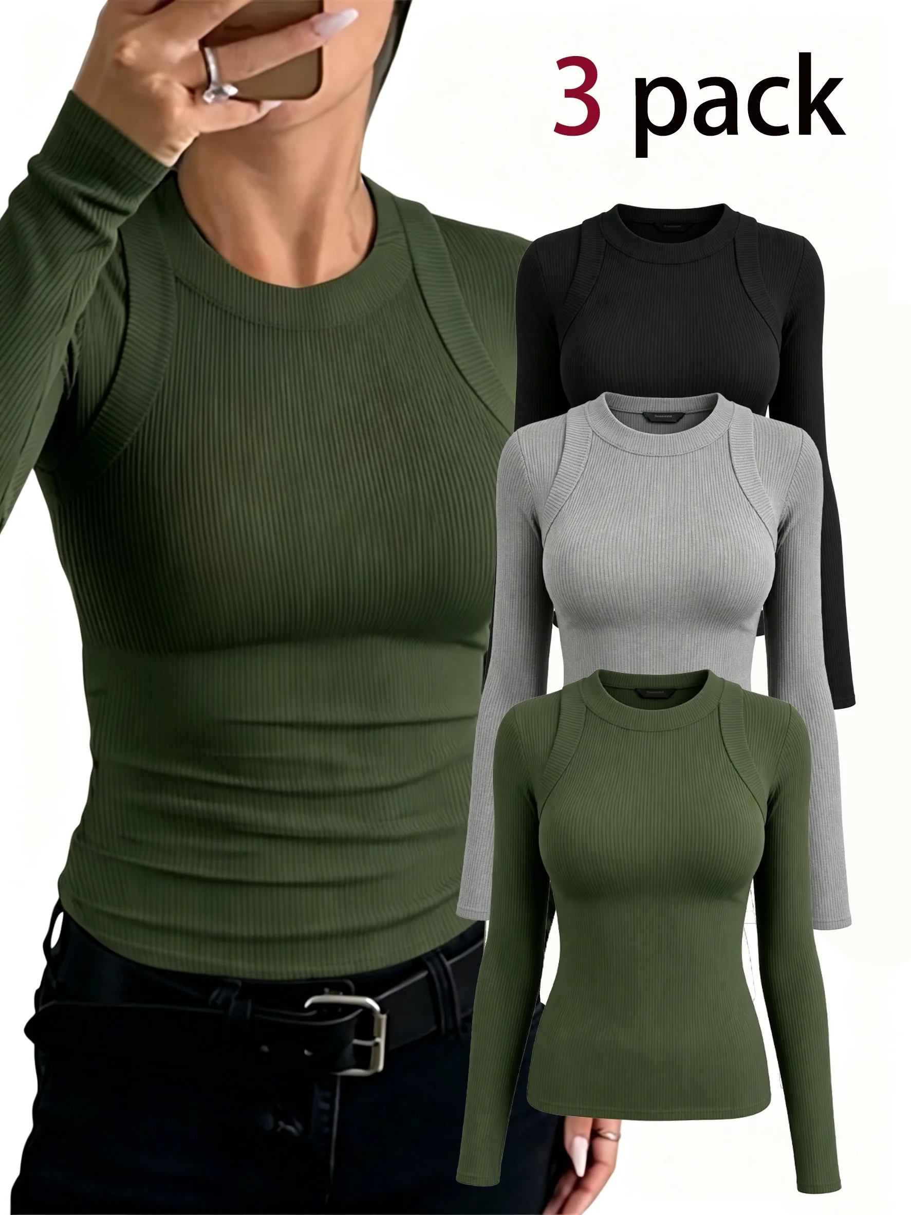 3 Pack Women's Ribbed Long Sleeve Tops, Round Neck Fake Harness Sleeveless Layered Slim Fit Basic Tees