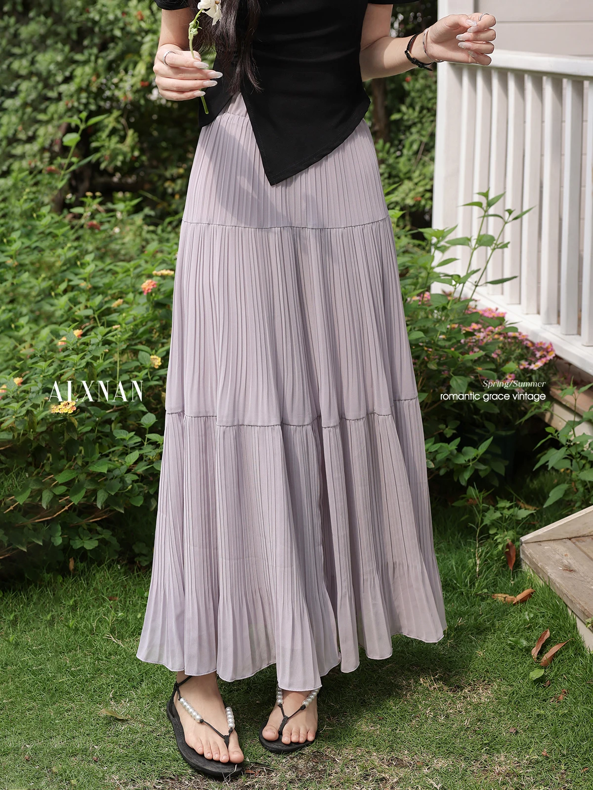 

ALXNAN Women's Long Skirt Elegant Purple A-line Midi Pleated Skirt 2025 Summer Casual Loose-fit Fashion Ladies Clothing L55190