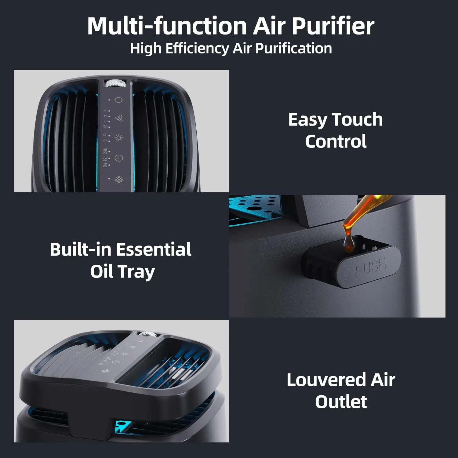 Aroeve Air Purifier Touch Control Adjustable Air Direction 1250 Sq.Ft HEPA Filter Sleep Timer 4 Speed Essential Oil Fragrance
