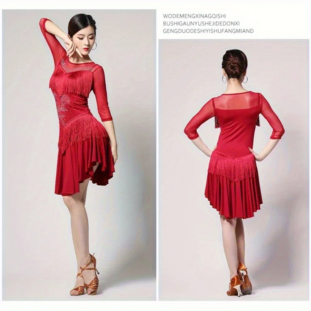 Costume de salle de bal à franges pour femmes, col rond en dentelle, manches 1/2, robe de danse latine Tango Salsa avec short, strass déco rouge brillant