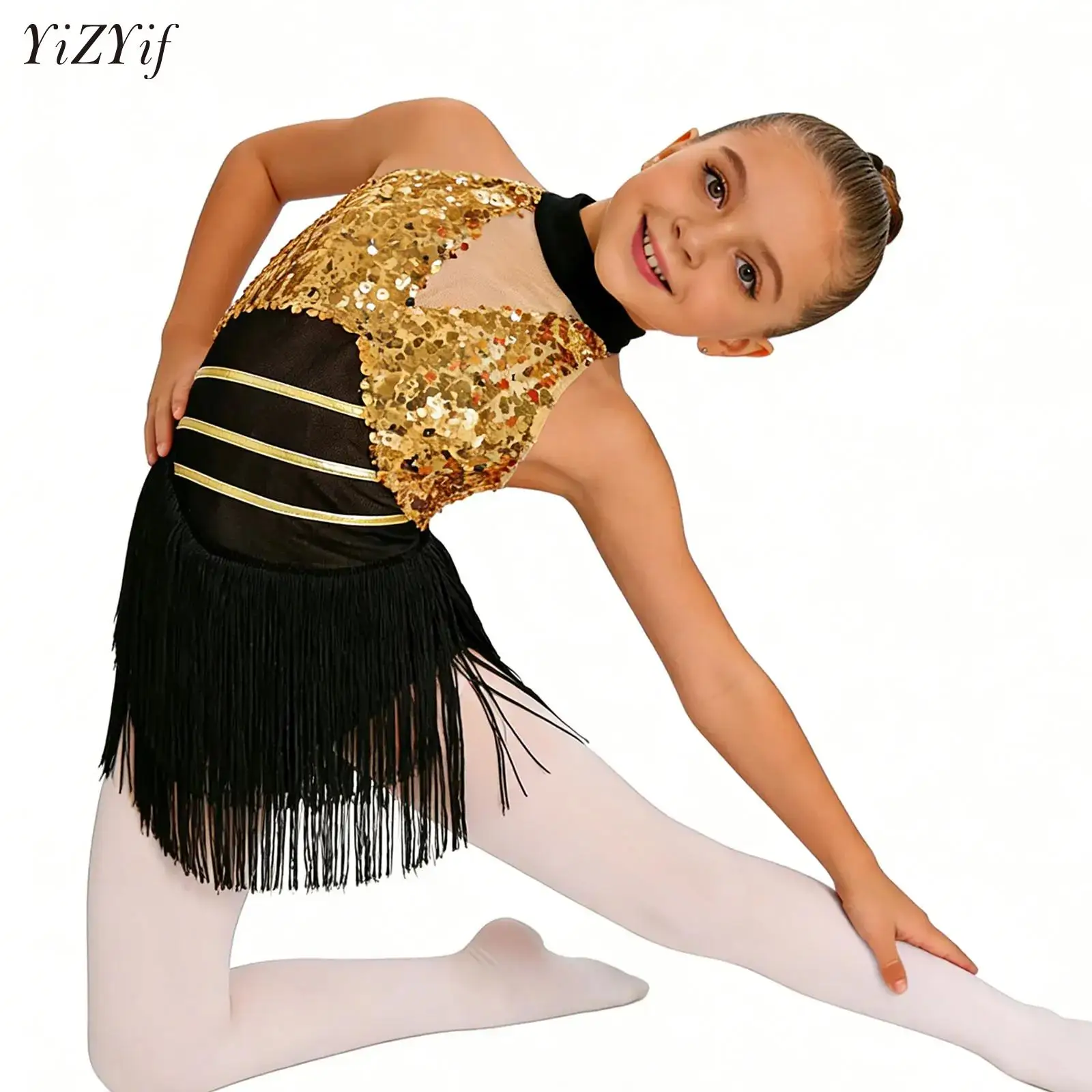 

Teens Girls Metallic Sequins Figure Skating Fringed Leotard Ballet Latin Dance Performance Costume Mesh Tassel Bodysuit Dress