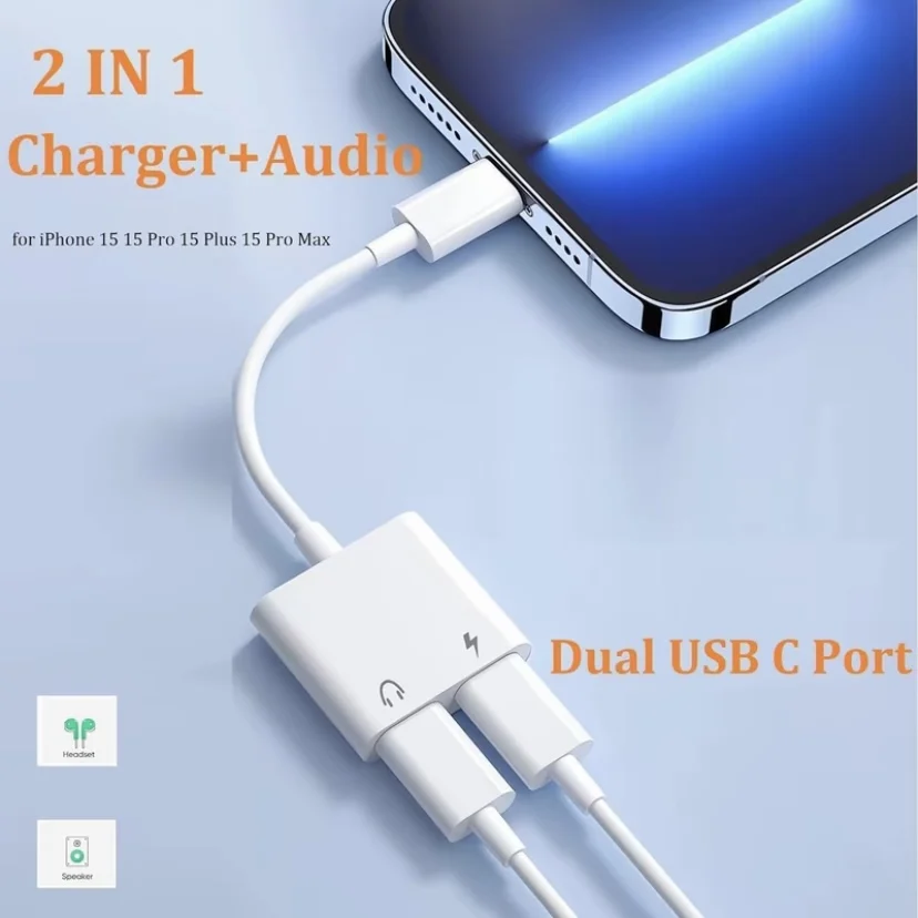 USB C headphone charging adapter for iPhone 15, dual USB C AUX splitter adapter compatible with iPhone 15/15Plus/15Pro/15ProMAX