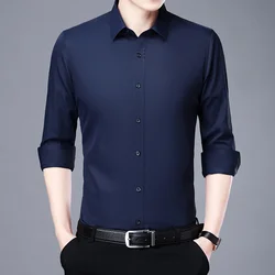 Spring Autumn Men's Shirt Cotton Fabric Shirt Long Sleeve Solid Color Polo Neck Shirt Business Casual Fit Top Blue White Gray