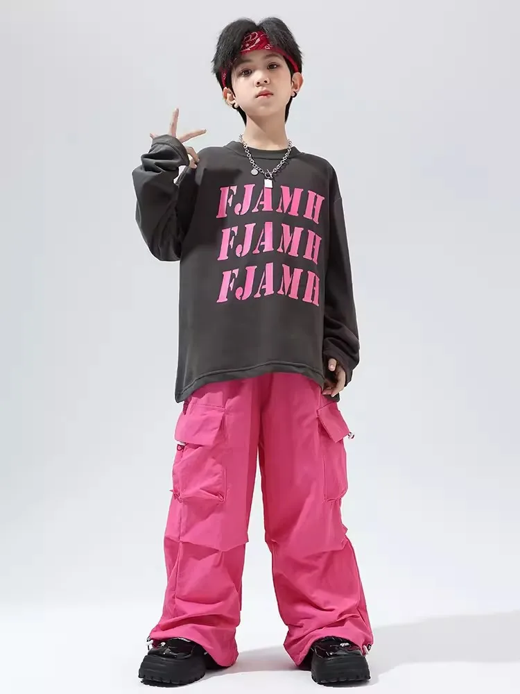 Pink Hip Hop Dance Costume Pockets Vest Pants Boys Street Dance Performance Suit Girls Modern Jazz Dance Clothes Rave BL11987