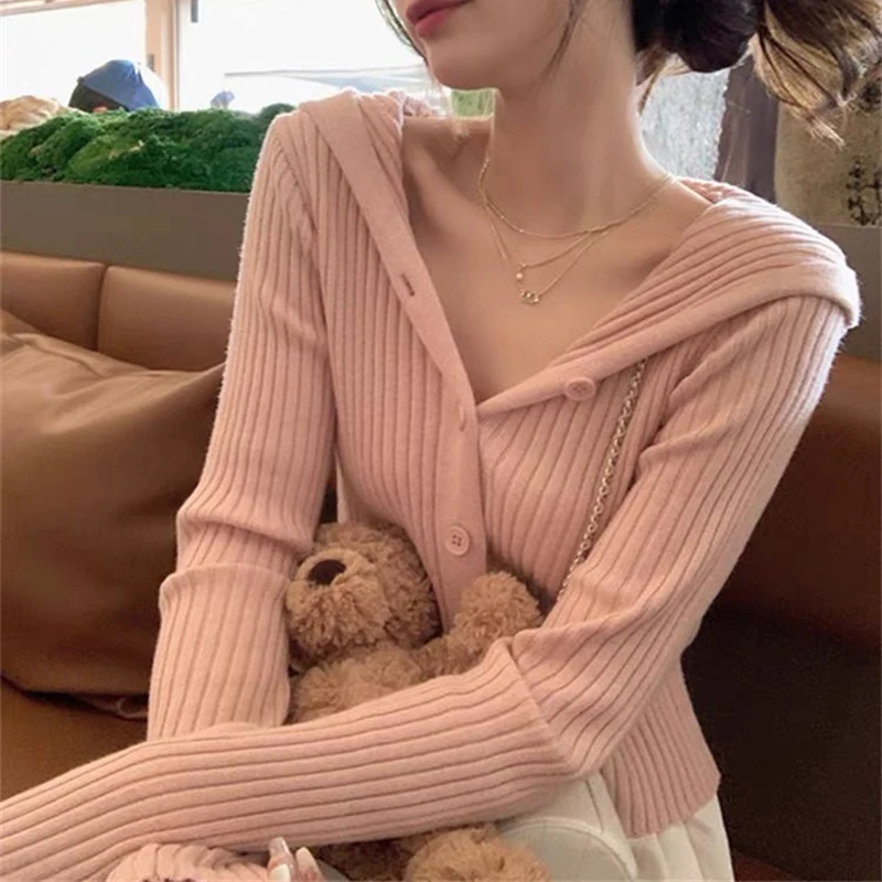 

Ребристый вязаный укороченный кардиган с капюшоном для женщин-подростков, короткий свитер на пуговицах спереди с длинными рукавами, куртка Gen Z Y2K, наряд