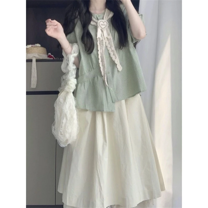 تنورة Sweet Japanese Sle College Faion للسيدات صيفية Ort Sve Irt وF طقم مكون من قطعتين بخصر عالٍ على شكل حرف a Dr